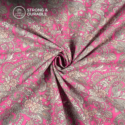 Fuscia Pink Floral Digital Print Linen Textured Fabric (Width 56 Inches)
