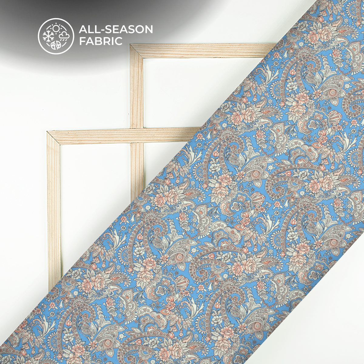 Baby Blue Floral Digital Print Linen Textured Fabric (Width 56 Inches)