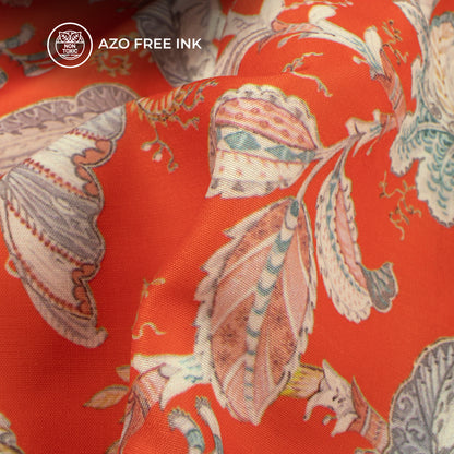 Orange Floral Pattern Digital Print Muslin Fabric