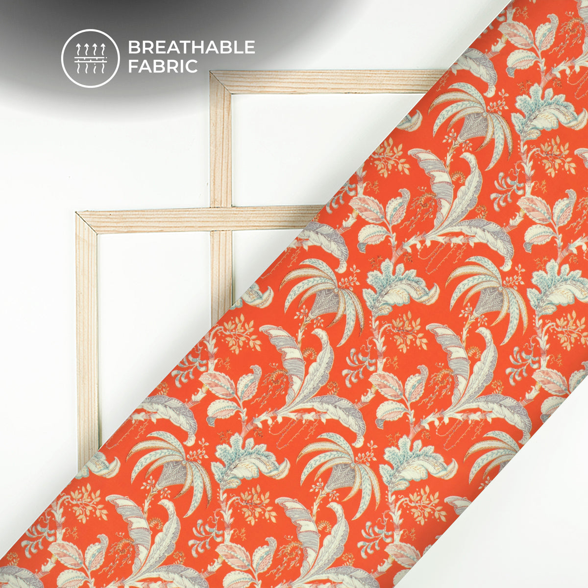Orange Floral Pattern Digital Print Muslin Fabric