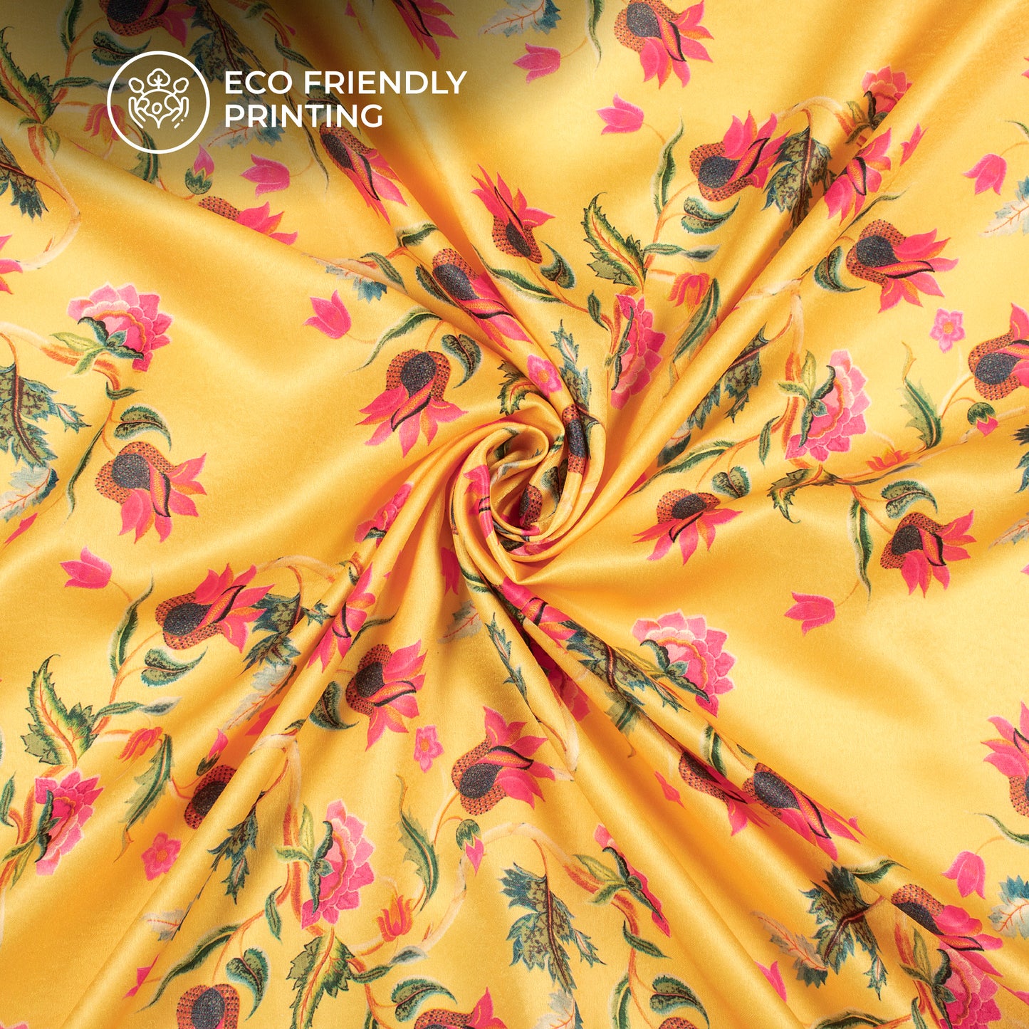 Mustard Yellow Floral Digital Print Lush Satin Fabric