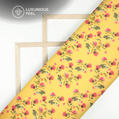 Mustard Yellow Floral Digital Print Lush Satin Fabric