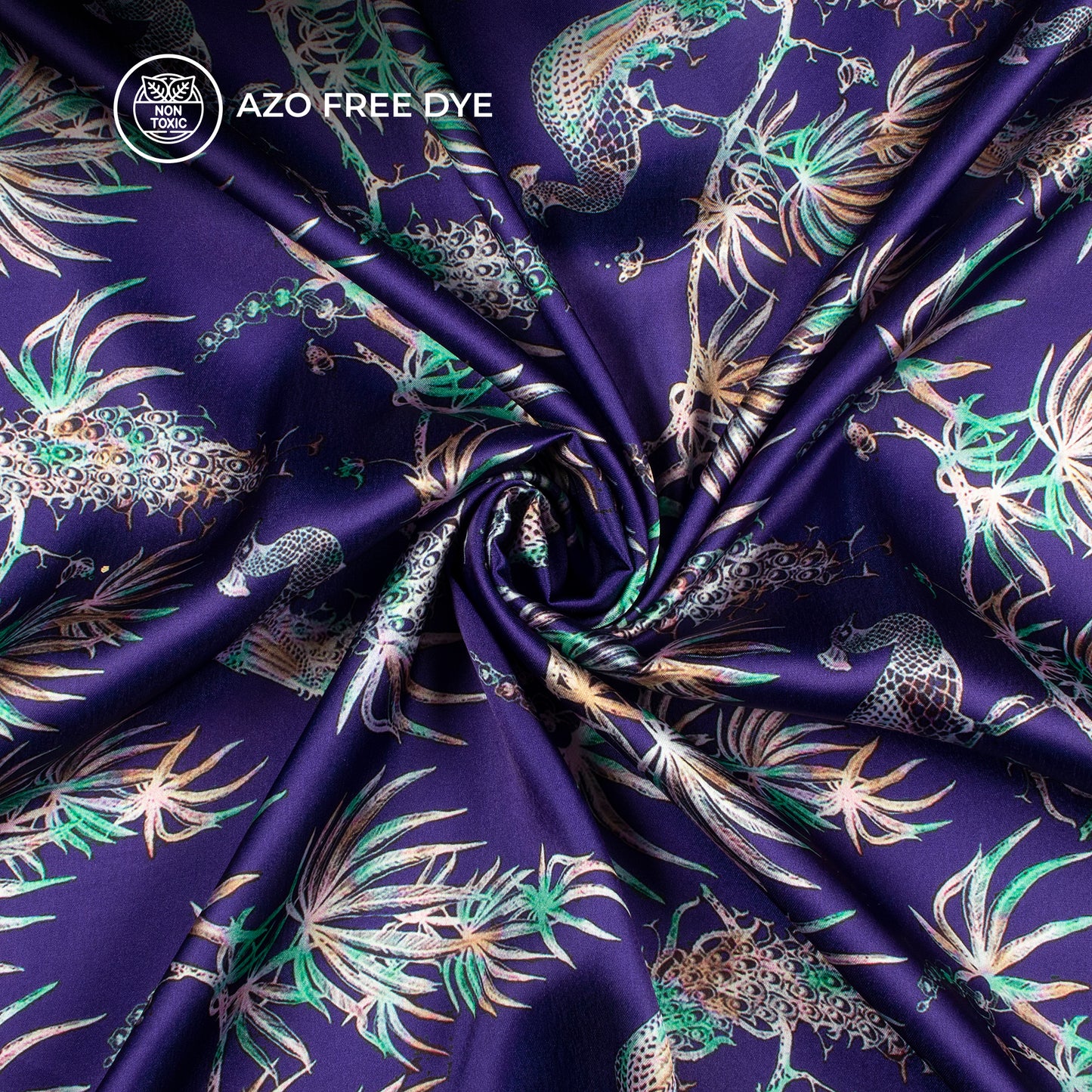 Indigo Blue Peacock Digital Print Japan Satin Fabric