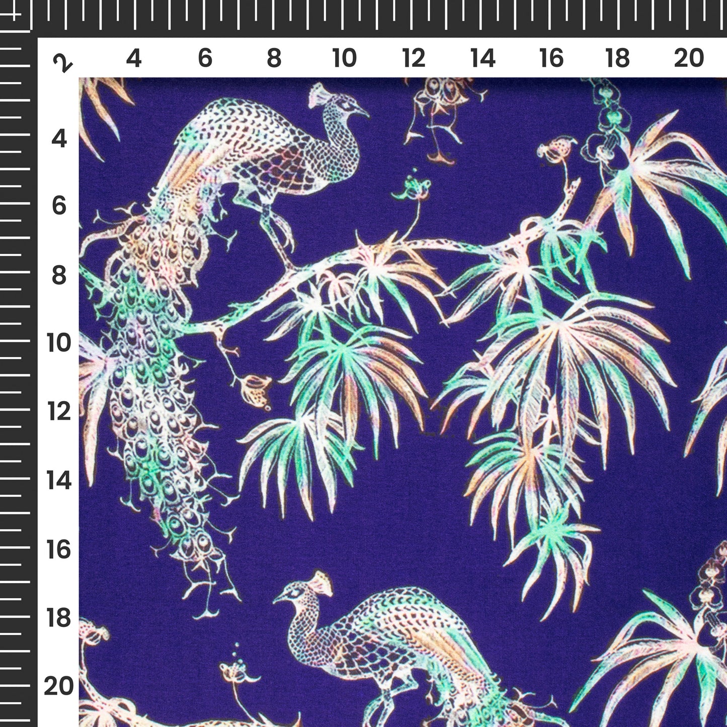 Indigo Blue Peacock Digital Print Japan Satin Fabric