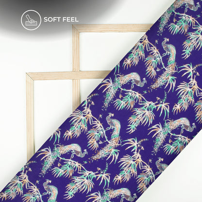 Indiigo Blue Peacock Digital Print Japan Satin Fabric