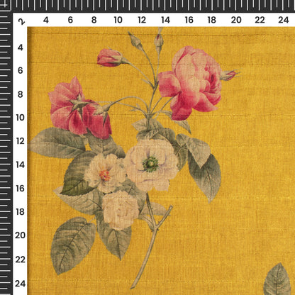Amber Yellow Floral Digital Print Art Tusser Silk Fabric