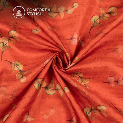 Crimson Red Leaf Digital Print Art Tusser Silk Fabric