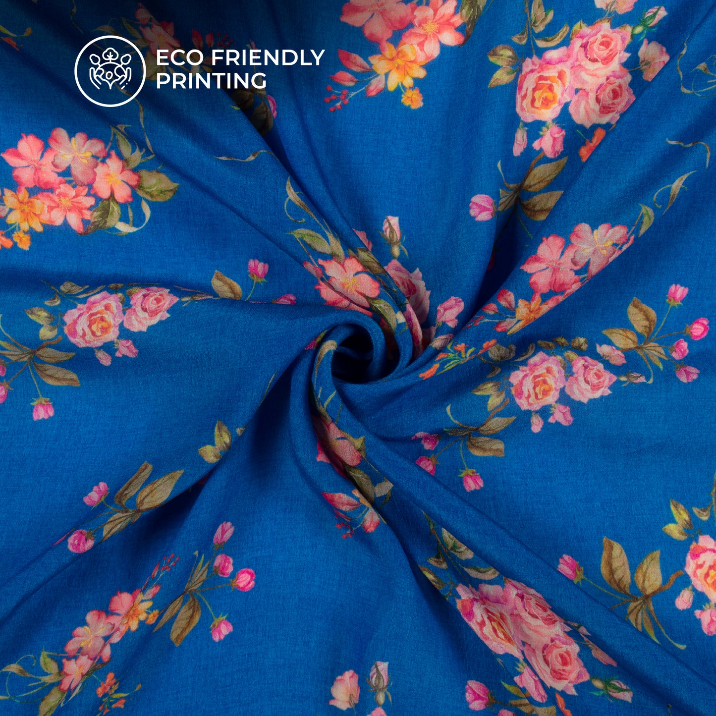 Blue Floral Pattern Digital Print Viscose Natural Crepe Fabric