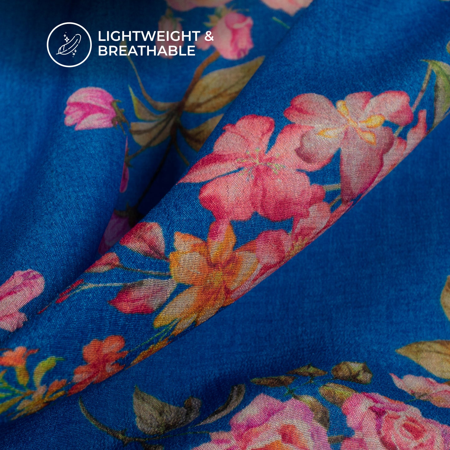 Blue Floral Pattern Digital Print Viscose Natural Crepe Fabric
