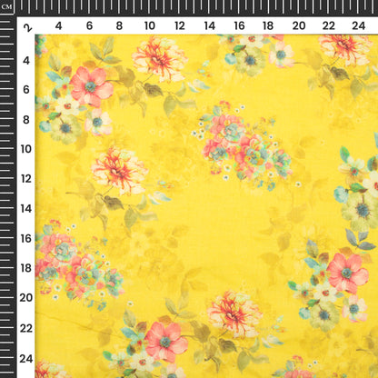 Gold Yellow Floral Digital Print Pure Cotton Mulmul Fabric