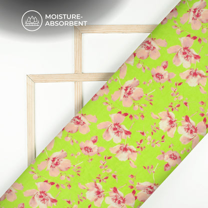 Lime Green Floral Digital Print Pure Cotton Mulmul Fabric