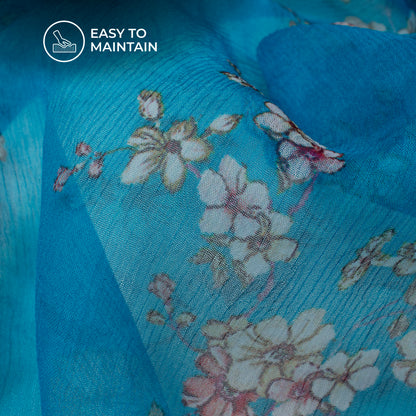 Sky Blue Floral Digital Print Bemberg Chiffon Fabric