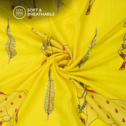 Lemon Yellow Pichwaii Digital Print Viscose Muslin Fabric