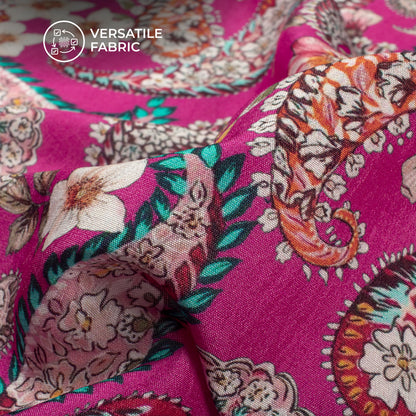 Fuscia Pink Floral Digital Print Bemberg Raw Silk Fabric