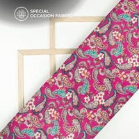 Fuscia Pink Floral Digital Print Bemberg Raw Silk Fabric