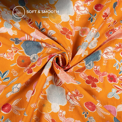 Tiger Orange Floral Digital Print Bemberg Raw Silk Fabric