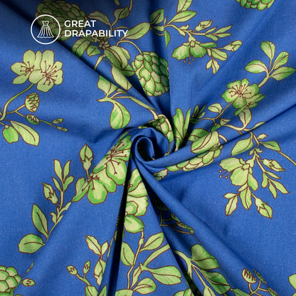 Violet Blue Floral Digital Print Cotton Slub Lycra Fabric