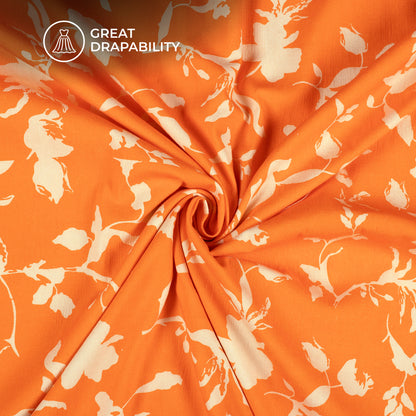 Tiger Orange Floral Digital Print Cotton Slub Lycra Fabric
