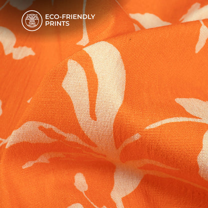 Tiger Orange Floral Digital Print Cotton Slub Lycra Fabric