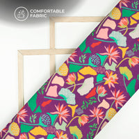 Purple Floral Digital Print Cotton Slub Lycra Fabric