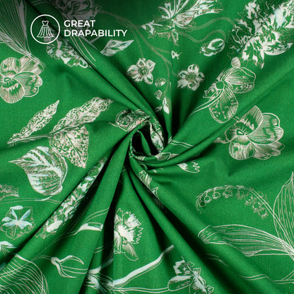 Forest Green Floral Digital Print Cotton Slub Lycra Fabric