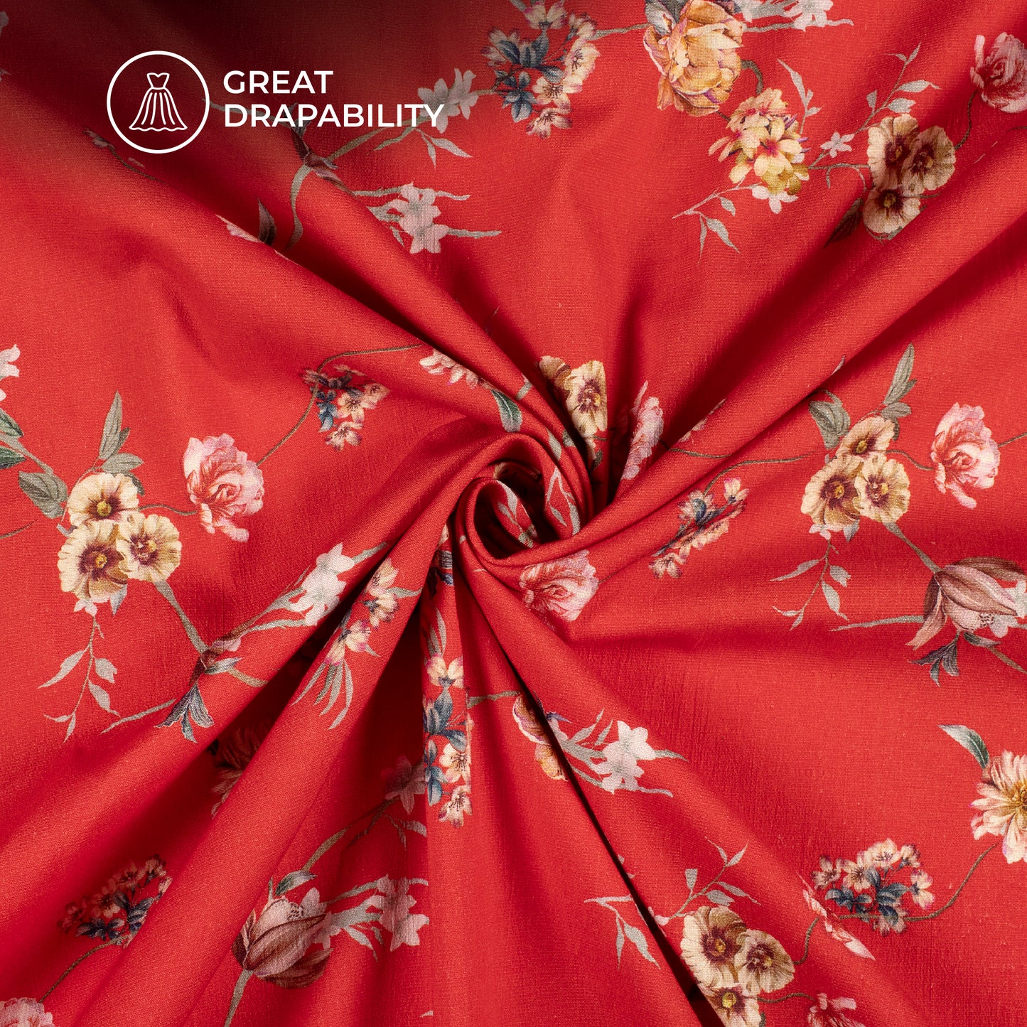 cardinal Red Floral Digital Print Cotton Slub Lycra Fabric
