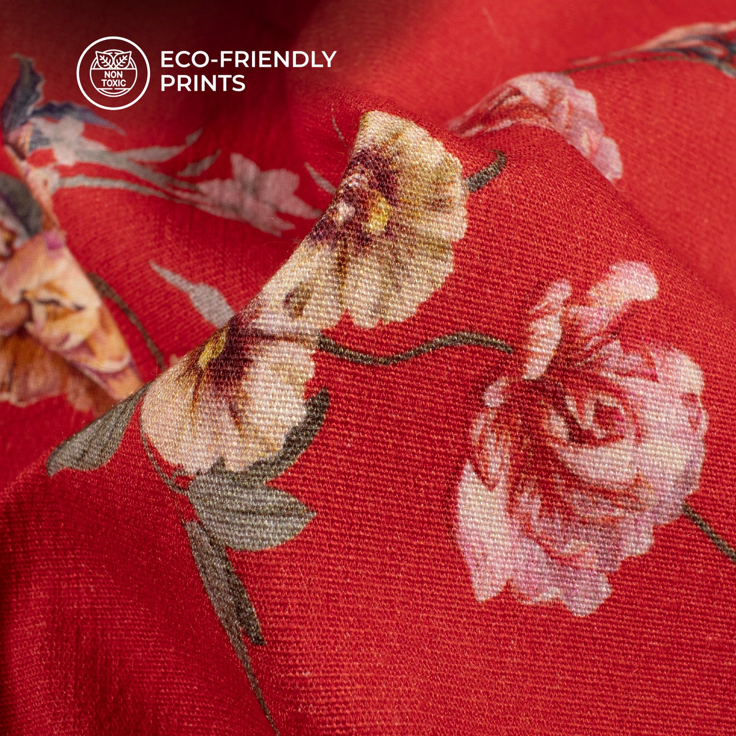cardinal Red Floral Digital Print Cotton Slub Lycra Fabric