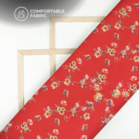 cardinal Red Floral Digital Print Cotton Slub Lycra Fabric