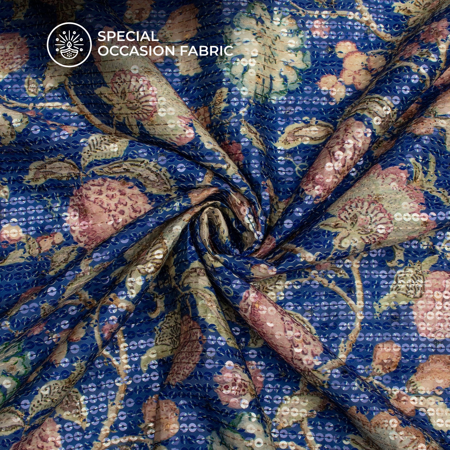 Admiral Blue Floral Digital Print Chanderi Water Sequins Fabric