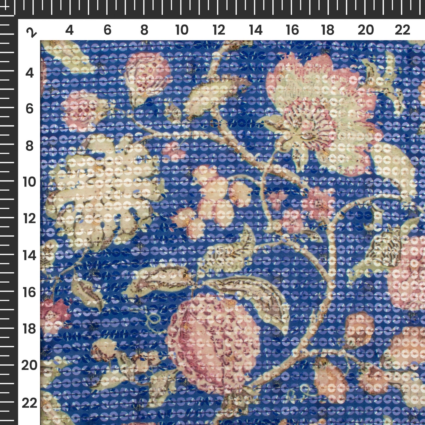 Admiral Blue Floral Digital Print Chanderi Water Sequins Fabric