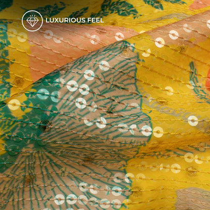 Chartreuse Yellow Floral Digital Print Chanderi Water Sequins Fabric