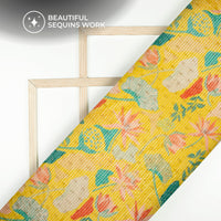 Chartreuse Yellow Floral Digital Print Chanderi Water Sequins Fabric
