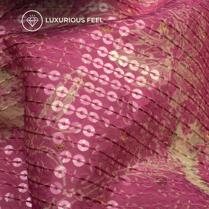 Taffy Pink Floral Digital Print Chanderi Water Sequins Fabric