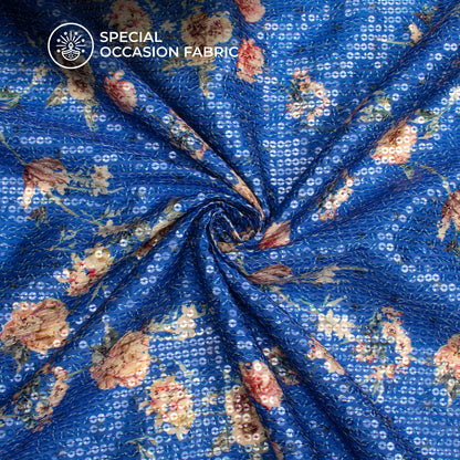 Royal Blue Floral Digital Print Chanderi Water Sequins Fabric
