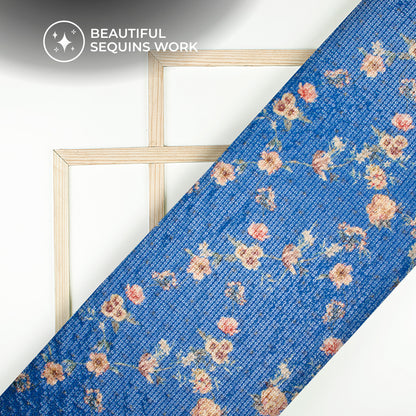 Royal Blue Floral Digital Print Chanderi Water Sequins Fabric