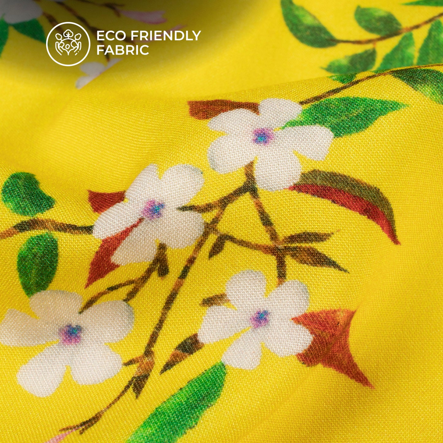 Lemon Yellow Floral Digital Print Viscose Rayon Fabric(Width 58 Inches)