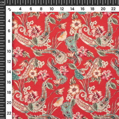 Cardinal Red Floral Digital Print Viscose Rayon Fabric(Width 58 Inches)