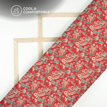 Cardinal Red Floral Digital Print Viscose Rayon Fabric(Width 58 Inches)