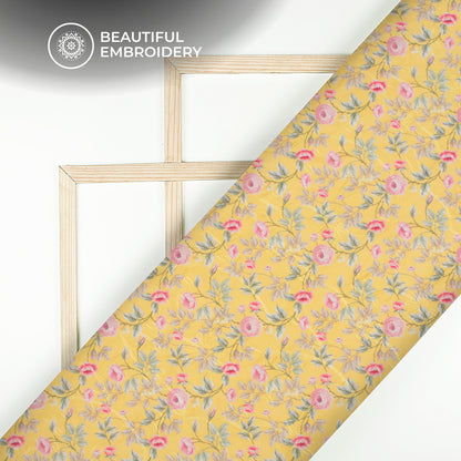 Light Pink Floral Digital Print Embroidery Butter Crepe Fabric