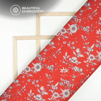 White Floral Digital Print Embroidery Butter Crepe Fabric