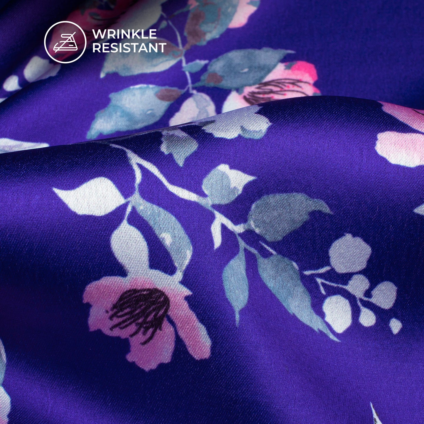 Royal Blue Floral Digital Print Japan Satin Fabric
