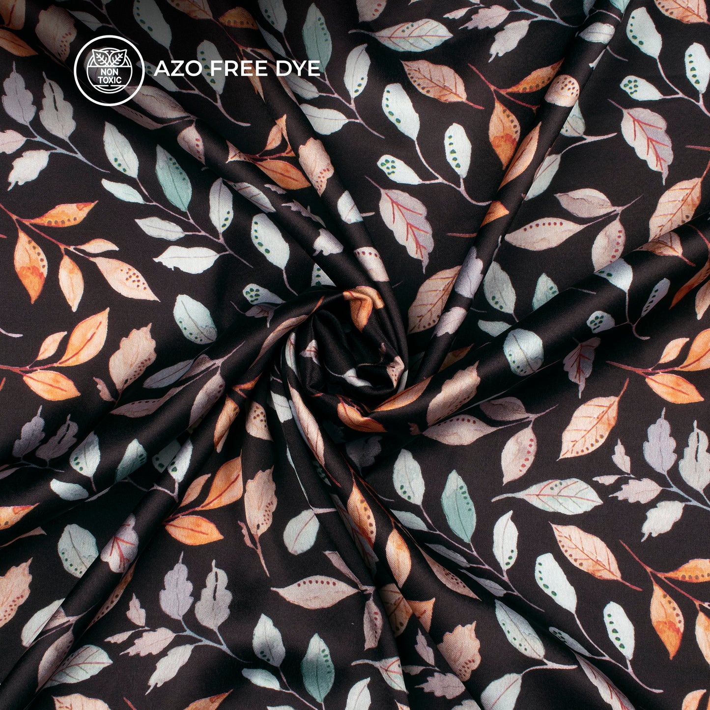 Black Leaf Digital Print Japan Satin Fabric