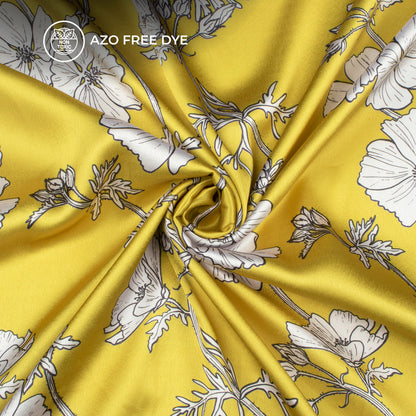 Lemon Yellow Floral Digital Print Japan Satin Fabric