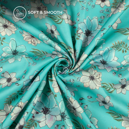 Cyan Blue Floral Digital Print Modal Satin Fabric