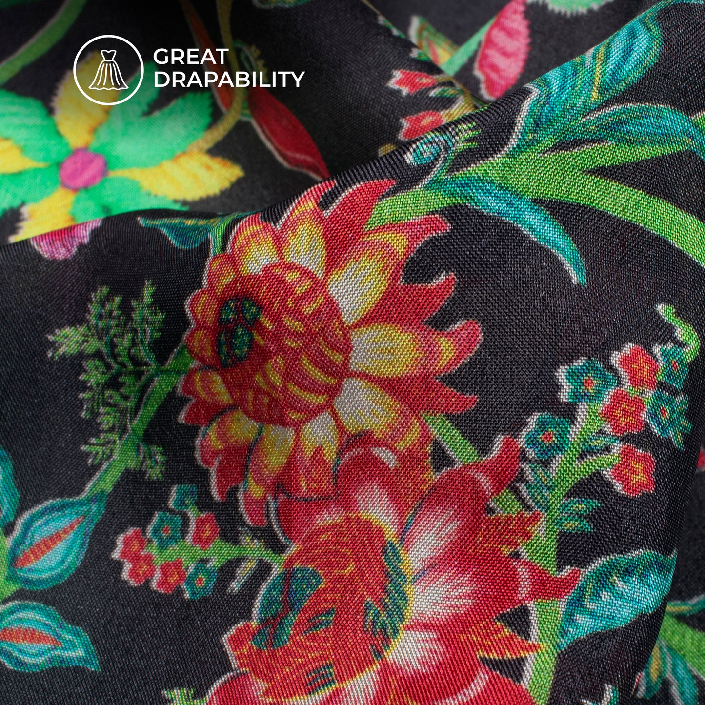 Crow Black Floral Digital Print Viscose Uppada Silk Fabric