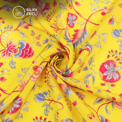 Chartreuse Yellow Floral Digital Print Viscose Uppada Silk Fabric