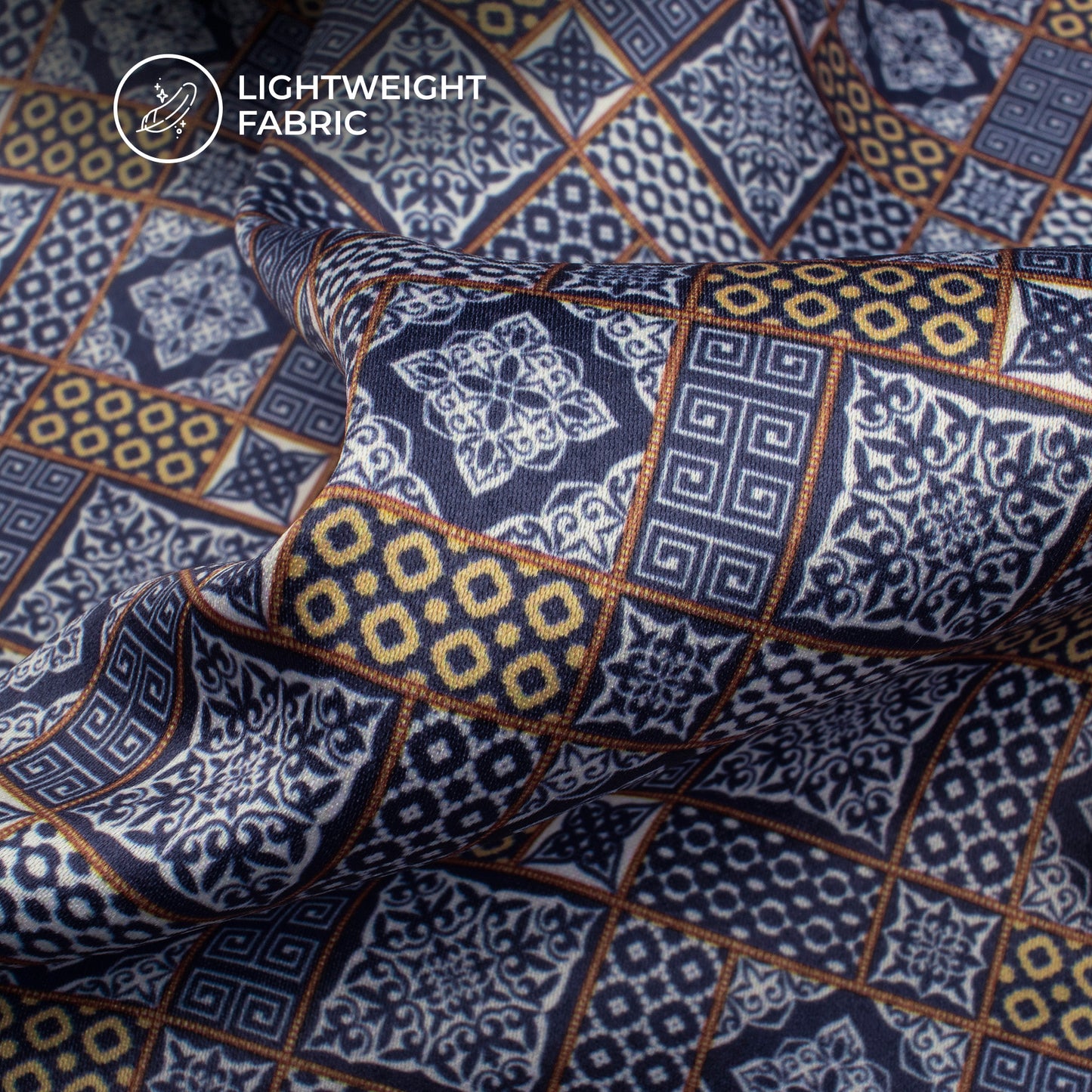 Navy Blue Geometrical Digital Print Charmeuse Satin Fabric (Width 58 Inches)