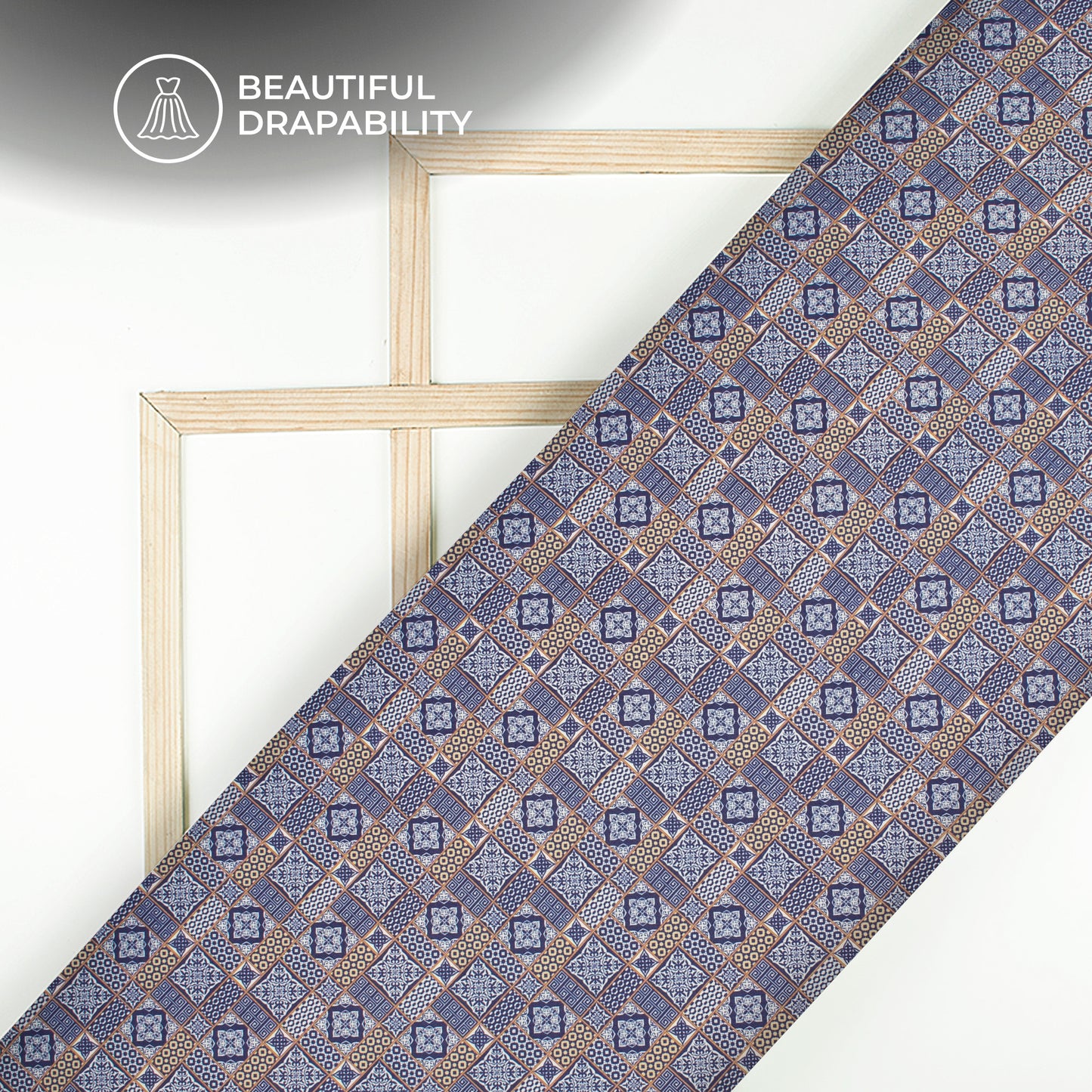 Navy Blue Geometrical Digital Print Charmeuse Satin Fabric (Width 58 Inches)