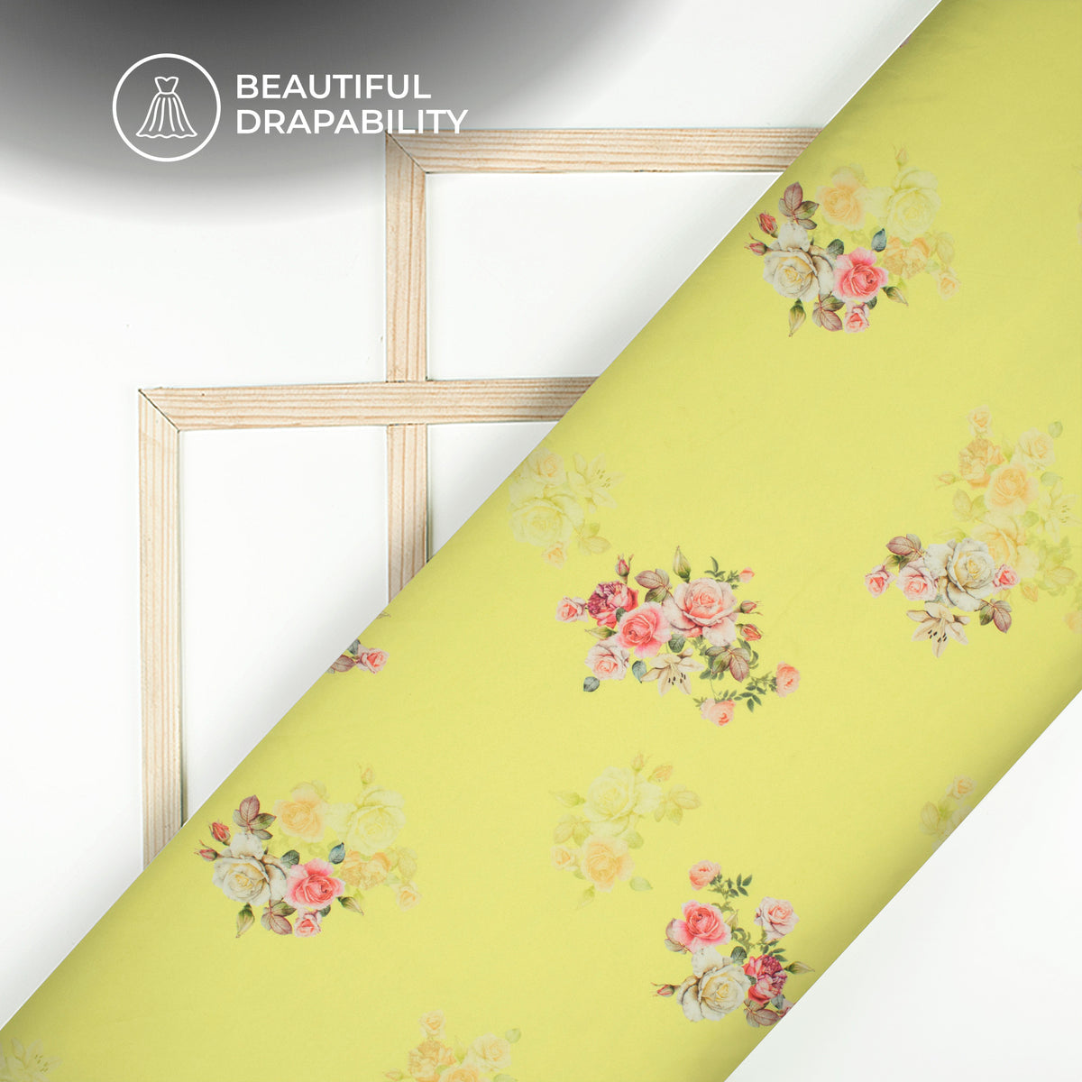 Light Yellow Floral Digital Print Charmeuse Satin Fabric (Width 58 Inches)