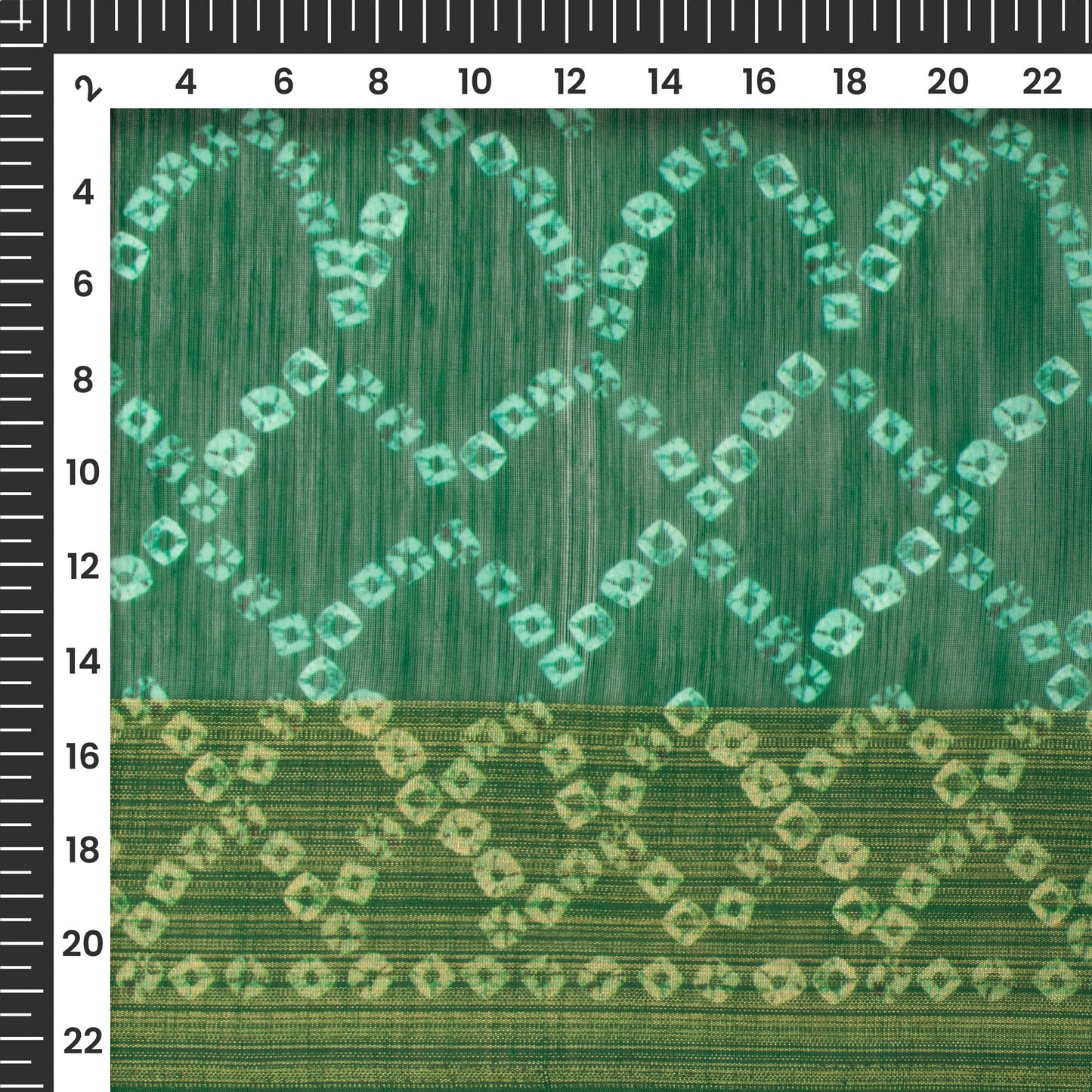 Green Bandhani Digital Print Zari Border Chanderi Fabric